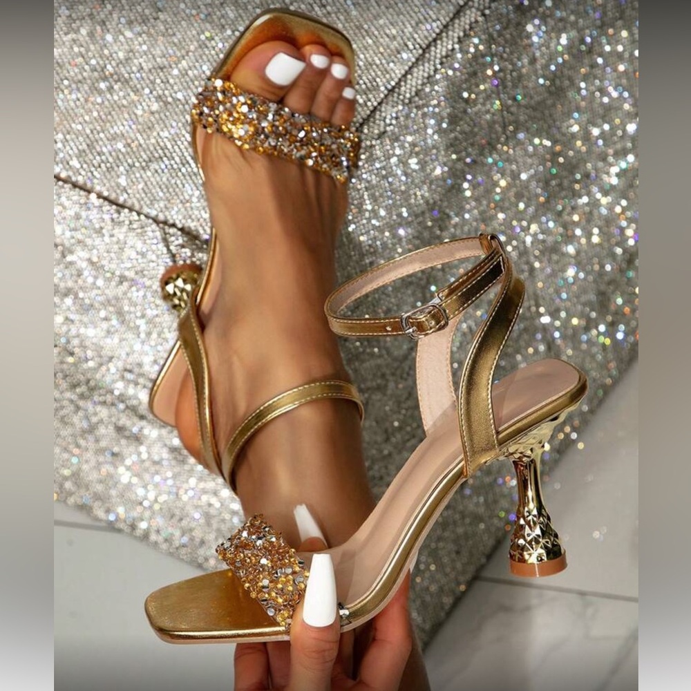 Gold Crystal Embellished Women’s Ankle Strap Heels